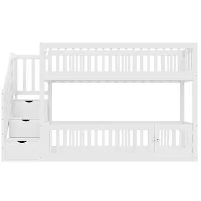 Produktbild von Flieks Etagenbett 90x200cm mit Schubladen und Treppe, Kinderbett Hochbett mit Tür und Rausfallschutz, Stockbett Einzelbett mit Lattenrost, Weiß