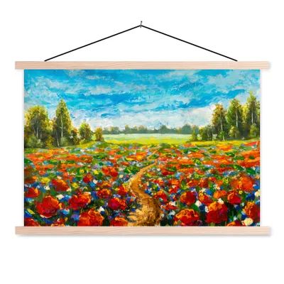 Produktbild von MuchoWow® Textilposter Ölfarbe - Malerei - Blumen - Landschaft 120x80 cm mit holzfarbenen Rahmen - Aufhängeset