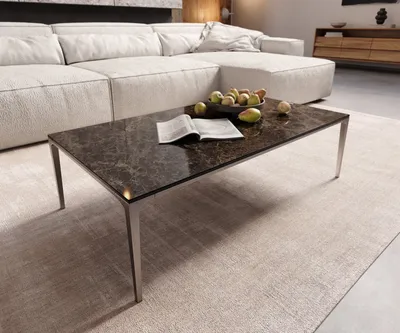 Produktbild von DELIFE Couchtisch Levente 110x60 cm Keramik Emperador Extra Lucidato Dunkelbraun Gestell Edelstahl Silber