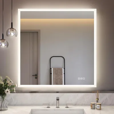 Image de Miroir de salle de bain LED, 80x80 cm, avec Bluetooth, anti-buée, 3 couleurs de lumière, variateur d'intensité, indice de protection IP44