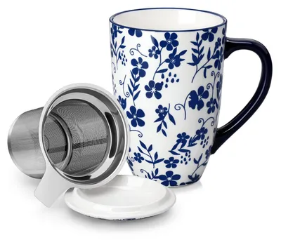 Image de Tasse en céramique avec couvercle et filtre, 540 ml, motif bleu et blanc