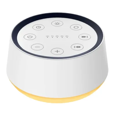 A white sound machine with a blue rim and yellow light at the base, shown on a white background.