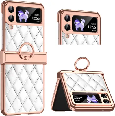 Produktbild von Luxus Leder Muster Galvanik Handyhülle für Samsung Galaxy Z Flip 3 5G mit Ringhalterung und Scharnierschutz Weiß