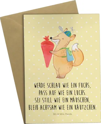 Produktbild von Mr. & Mrs. Panda Grußkarte Fuchs Schulkind - Gelb Pastell - Geschenk, genesungskarte, Grußkarten, weihnachtskarten, Lustige Sprüche, osterkarten, einladungskarten