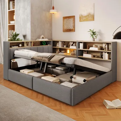 Zdjęcie produktu dla Rozkładana sofa hydrauliczna 140x200 cm z portem USB, łóżko tapicerowane dwuosobowe z ekoskóry, sofa do wypoczynku i jako łóżko dla gości z pojemnikami na przechowywanie, aksamit, kolor szary
