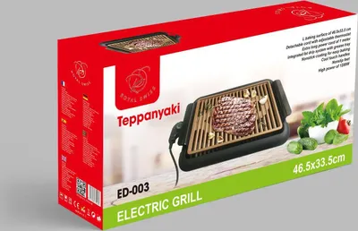 The image shows the retail packaging of an electric grill.