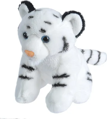 A white tiger plush toy is shown from a slightly elevated front-side angle against a plain white background.
