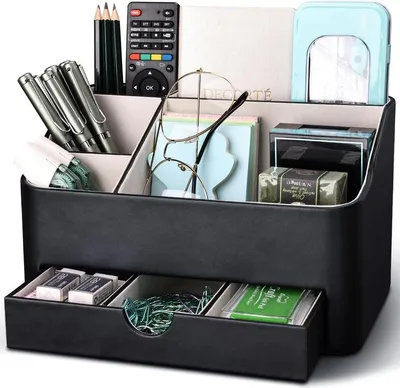 Image de Organiseur de bureau en cuir - Organiseur de bureau multifonctionnel avec tiroirs - noir