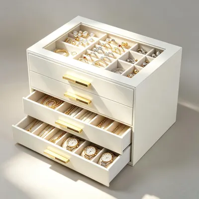 Produktbild von Schmuckkästchen mit Glasdeckel – 4-stöckiger Organizer für Ringe und Armbänder