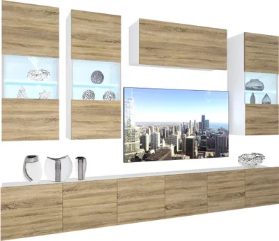 Image de BELINI Meuble-paroi entièrement équipé Ensemble de salon Meuble-paroi moderne avec éclairage LED Blanc brillant Meuble annexe TV Chêne Sonoma Mat