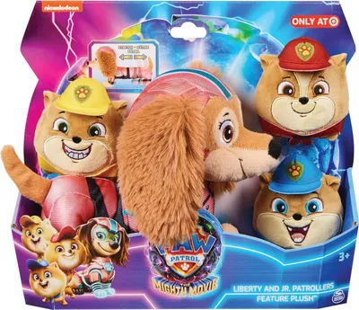A Paw Patrol Mighty Movie Liberty and Jr. Patrollers feature plush toy set in its original packaging.