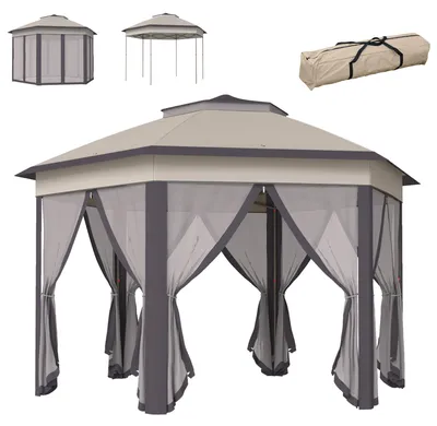 Produktbild von Outsunny Gartenpavillon Faltpavillon mit 6 Seitenteile Doppeldach Kaffee+Beige