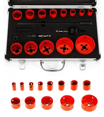Produktbild von Lochsägen Set 17-teilig - Bi-Metall Lochsäge für Bohrmaschine - M42 HSS 19–76 mm - Für Holz Kunststoff PVC - Mit Aufnahmeschaft - Rot