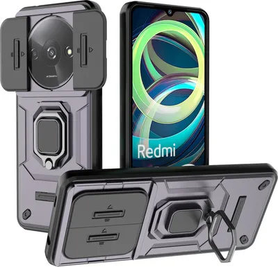Produktbild von Hülle für Xiaomi Poco C61 / Redmi A3 Dual Layer Handyhülle Schiebe Kamera Schutz und Ringhalter Ständer Lila