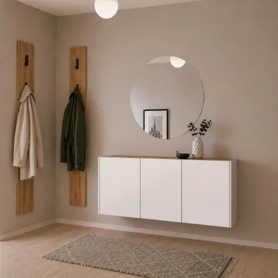 Produktbild von Garderobenset 4-teilig mit Schuhschrank, 2 Garderobenpaneelen & Spiegel in Beige mit Eiche - LAPUA-01
