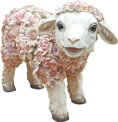 Produktbild von Dekofigur Schaf stehend mit Blumen Gartendeko Tierfigur Lamm Schäfchen Osterlamm