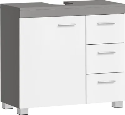 Produktbild von VASAGLE Waschbeckenunterschrank mit Füßen, 3 große Schubladen, 2 Fächer hinter der Tür, 30 x 70 x 64 cm, Weiß-Zementgrau