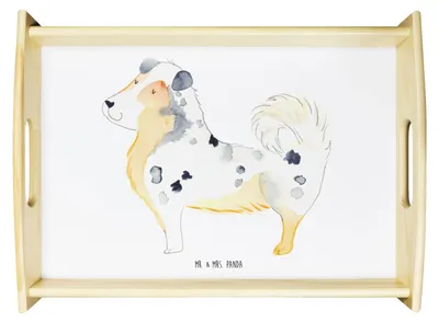 Produktbild von Mr. & Mrs. Panda Serviertablett Hund Australien Shepherd - Weiß - Geschenk, Sprüche, holz, Deko Tablett, Spruch, Familienhund, Holztablett, Servier