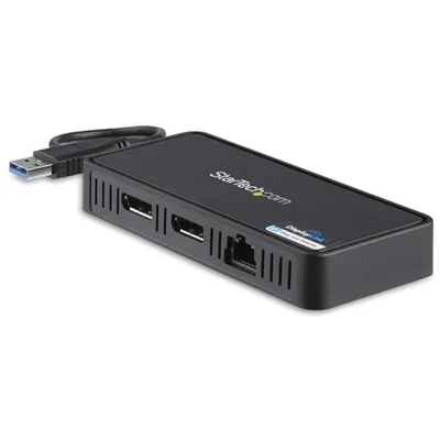 Produktbild von StarTech.com USB 3.0 Mini Dock - USB-A Dockingstation mit zwei Monitoren und DisplayPort 4K 60Hz Video- und Gigabit-Ethernet - 30 cm langes Kabel - Tragbarer USB 3.1 Gen 1 Typ A-Laptopadapter, Kabelgebunden, USB 3.2 Gen 1 (3.1 Gen 1) Type-A, 10,100,1000 Mbit/s, IEEE 802.3, IEEE 802.3ab, IEEE 802.3u, Schwarz, 5 Gbit/s