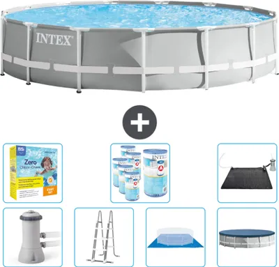 Produktbild von Intex Round Prism Frame Swimming Pool – 457 x 107 cm – Grau – inklusive Pumpe – Leiter – Bodenplane – Abdeckung Wartungspaket - Filter - Solarmatte