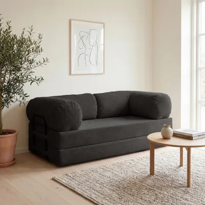 Produktbild von Idohome - Sofa MUNO, Cordsofa ausziehbar 200x100x86 cm mit Schlaffunktion, 2 Matratzen, Metallgestell - Farbe: Schwarz Poso 135
