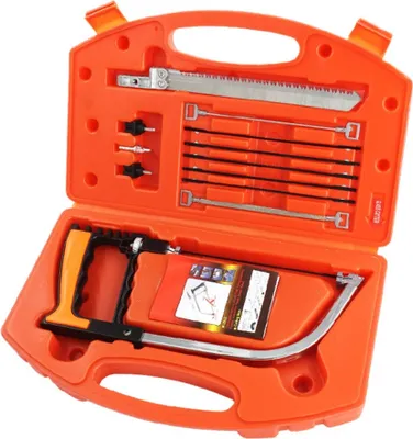 Produktbild von 12in1 Hand Bügelsäge Set | multifunktions Handsäge für Camping & Outdoor | mini Universal Drahtsäge mit Koffer | Kappsägen für Metall, Kunststoff, Glas, Fliesen & Holz | Laubsäge Sägebogen | Kurzsäge