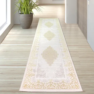 Immagine prodotto di Tappeto di design con motivi orientali nei colori bianco, oro e grigio - Dimensioni: 100 x 300 cm