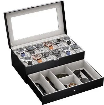 Produktbild von Uhrenkasten mit 12 Fächern, 2 Ebenen, Glasdeckel, schwarz