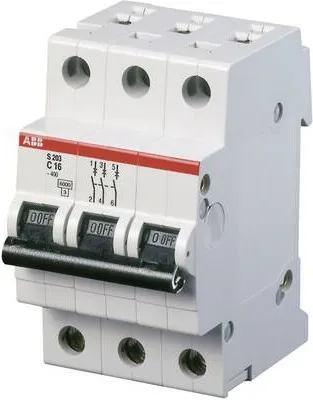 A white ABB circuit breaker with a red stripe and black levers is shown against a white background.