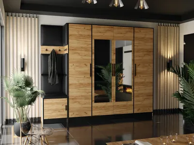 A modern entryway with a wardrobe and seating area.