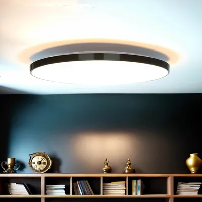 A modern ceiling light fixture is shown mounted on a ceiling above a shelf filled with books and decorative items.