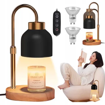 A collage of images showing a candle warmer lamp, its components, and a woman relaxing with a book.