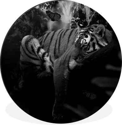 Produktbild von MuchoWow® Aluminium Wandkreis Schmetterling - Dschungel - Tiger - Schwarz - Weiß Ø 90 cm Wanddeko Modern Wohnzimmer - Mauerkreis - Wandbilder - Runde Bild - Bild aus Aluminium - Schlafzimmer - Wohnzimmerdekoration - Wand Dekoration
