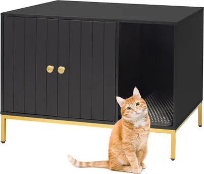 Produktbild von Relaxdays Katzenschrank für Katzentoilette, mit Katzenklomatte, mit Eingang, HBT: 55x80x50 cm, Katzenhaus, schwarz/gold