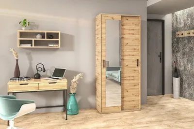 Produktbild von Garderobenschrank GALA 90 cm Garderobe mit Spiegel Schrank Kleiderschrank Flurschrank Regale Kleiderstange Schlafzimmer Jugendzimmer braun artisan