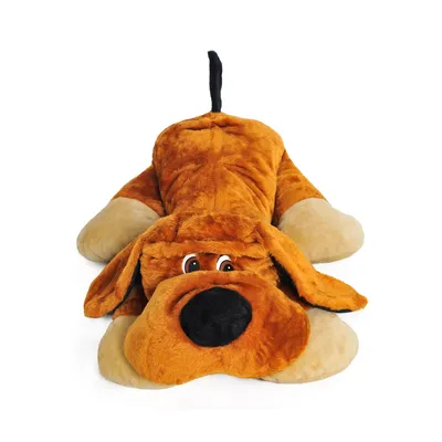 A plush toy dog lying down on a white background.