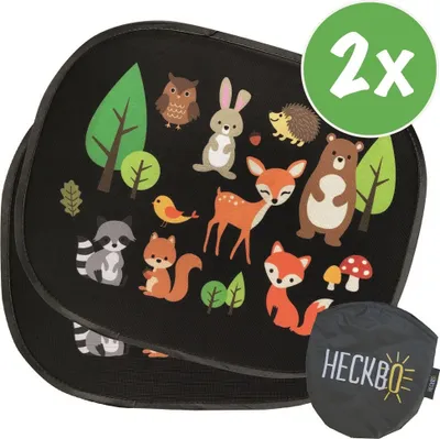 Produktbild von 2X HECKBO Auto Sonnenblende mit 8 Saugnäpfen - Waldtiere Motiv - 44cm x 36cm - Auto Sonnenschutz Autosonnenblende - mit Tasche - für Baby Kinder Mädchen Jungen