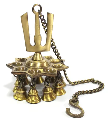 Messing Wandlampe Diya mit Glöckchen und Kette, Öllampe, 9 Dochte