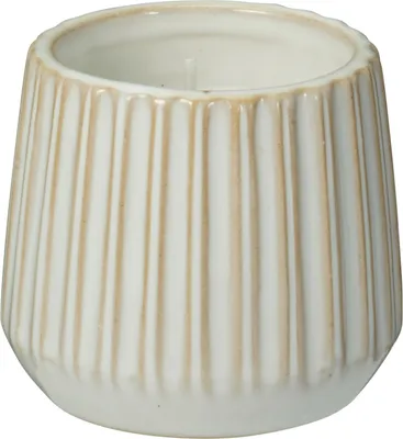 Zdjęcie produktu dla Aromatyczna świeca z paskami w porcelanowym kubku, białe reaktywne szkliwo (7x7x6 cm)