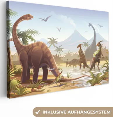 Produktbild von MuchoWow® - Leinwandbilder - Dinosaurier - Landschaft - Tropisch - Kinder - Jungen, Wandbild, Wanddeko Bilder Wohnzimmer, 60x40 cm