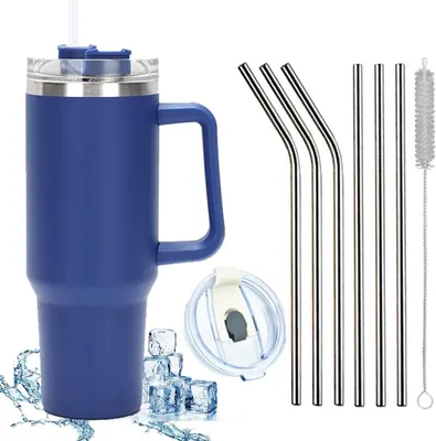 Produktbild von 1200 ML Isolierbecher Edelstahl mit Griff 40 OZ Doppelwandiger Kühlbecher Reisebecher Autobecher mit Strohhalm und Auslaufsicher Becherdeckel, blau, 9 Stück, 40 OZ