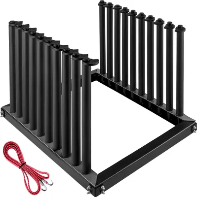 A black metal rack with multiple vertical slots, designed to hold items upright. A red rope with metal hooks is placed in the foreground.