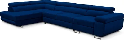 A dark blue sectional sofa with a chaise lounge on a white background.