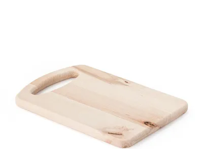 A wooden cutting board with a handle, shown on a white background.