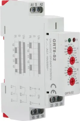 Produktbild von GRT8-S2 Mini Zyklus-Zeitrelais mit getrennten ON/OFF Verzögerungen – 12-240V AC/DC, DIN-Schienenmontage
