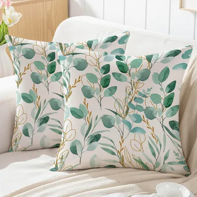 Produktbild von Set mit 2 Kissenbezügen (40 x 40 cm), grüne und goldene Eukalyptusblätter, Outdoor-Kissen für Sofa, Dekokissen, Zierkissenbezüge, Gartenbankdekoration
