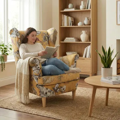 Produktbild von Ohrensessel ARI Spring – skandinavischer Sessel mit Muster, Velours Gold, Family Meble
