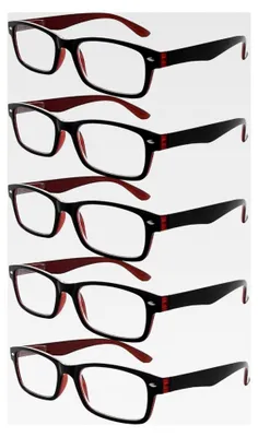 Produktbild von Lesebrille mit Federscharnieren für Damen im 5er-Pack Schwarz-Rote Rahmen +2,00