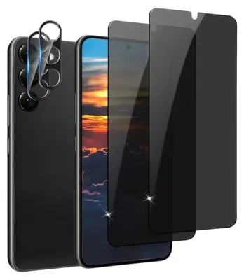 A product shot of a smartphone with camera lens protectors and screen protectors.