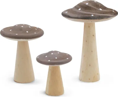 Produktbild von Holz Deko Pilz 3er Set zum Hinstellen - 14 / 10 / 7 cm - Holz Fliegenpilz Figur zur Herbst Dekoration